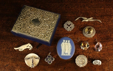 A Group of Costume Brooches, mainly sterling silver, and a decorative Suffragette pendant set with p