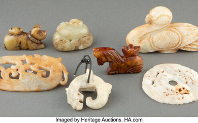A Group of Seven Chinese Carved Hardstone and Jade Articles