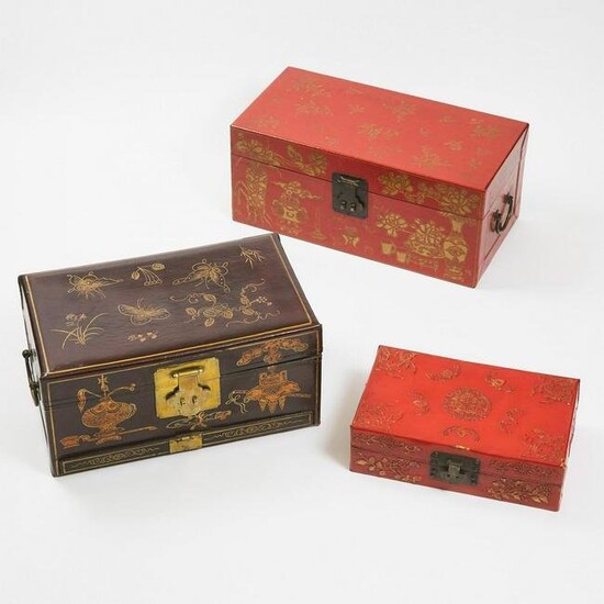 A Group of Three Chinese Parcel-Gilt Red-Lacquered