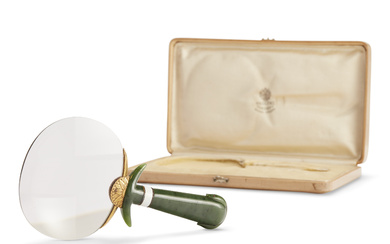 A JEWELED GOLD-MOUNTED AND GUILLOCHÉ ENAMEL NEPHRITE MAGNIFYING GLASS BY...