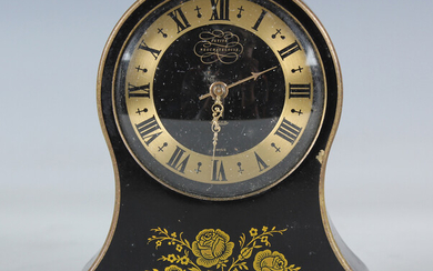 A Jaeger 'Petite Neuchâteloise' black enamelled brass balloon cased alarm clock with
