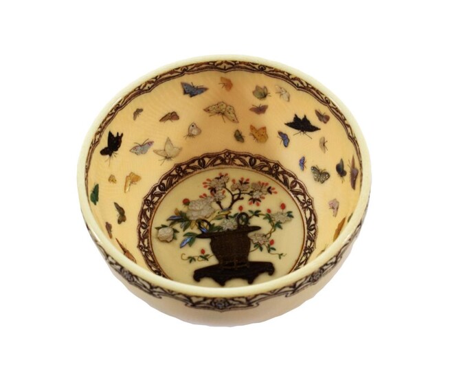 A Japanese Ivory and Shibayama Bowl, Meiji period, of circular form, inlaid with a vase of...
