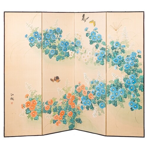 A Japanese silk four fold screen: the panels decorated with ...