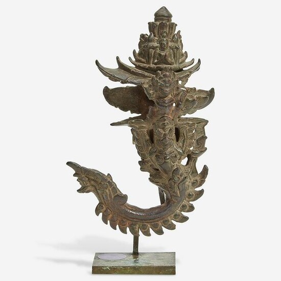 A Khmer bronze palanquin hook with later stand