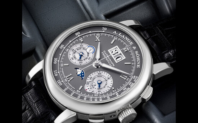 A. LANGE & SÖHNE. A RARE 18K WHITE GOLD PERPETUAL CALENDAR FLYBACK CHRONOGRAPH WRISTWATCH WITH LARGE DATE, MOON PHASES, LEAP YEAR AND DAY/NIGHT INDICATION DATOGRAPH PERPETUAL MODEL, REF. 410.030, CIRCA 2010