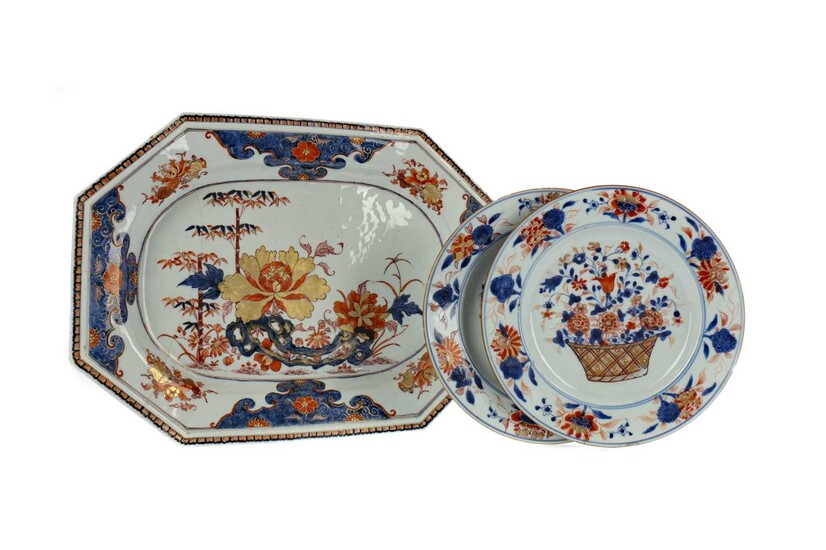 A LATE 19TH CENTURY JAPANESE IMARI BOWL, ALONG WITH AN IMARI DISH AND TWO PLATES