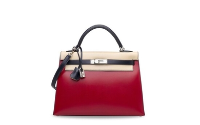A LIMITED EDITION ROUGE VIF, PARCHEMIN & BLEU MARINE CALF BOX LEATHER SELLIER KELLY 32 WITH PALLADIUM HARDWARE, HERMÈS, 2000