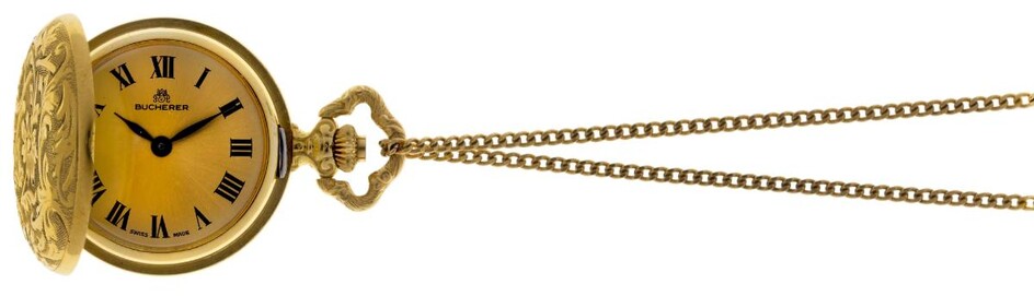 A Lady's fob watch and chain, by Bucherer, the circular gold coloured dial applied with Roman numerals, to a foliate engraved case and curb link chain, dial and case signed Bucherer, length of chain 67cm