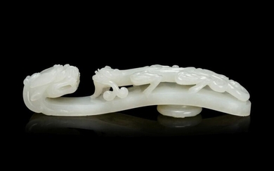 A Large and Finely Carved White Jade 'Chilong' Belt