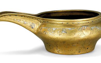 A MAMLUK GOLD, SILVER AND COPPER-INLAID BRASS SPOUTED POURING BOWL, PROBABLY SYRIA, SECOND QUARTER 14TH CENTURY