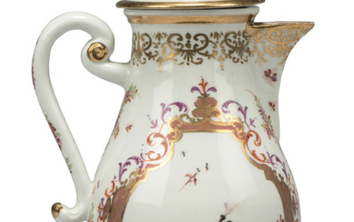 A MEISSEN PORCELAIN BALUSTER COFFEE-POT AND COVER CIRCA 1728, BLUE ENAMEL CROSSED SWORDS MARK AND GILDER'S 55.