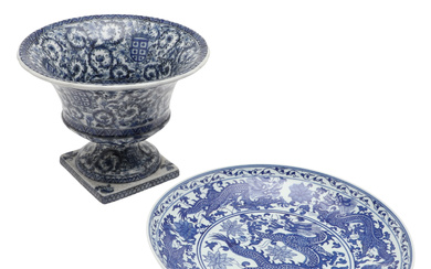 A MODERN CHINESE PORCELAIN PEDESTAL BOWL AND SHALLOW DISH.