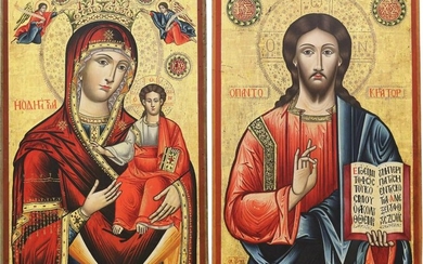 A MONUMENTAL DATED PAIR OF ICONS SHOWING THE MOTHER OF