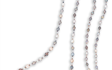 A Multi-Colour Natural Pearl and Diamond Long Necklace, 天然海水珍珠配鑽石長項鏈天然海水珍珠配鑽石長項鏈
