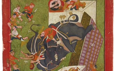 A PAINTING OF RAO RAJA BISHEN SINGH WATCHING AN ELEPHANT FIGHT INDIA, RAJASTHAN, BUNDI, CIRCA 1800