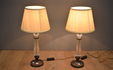 A PAIR OF BRONZE AND CRYSTAL TABLE LAMPS WITH SILK SHADES (66 h cm)