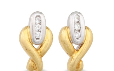 A PAIR OF DIAMOND SET EARRINGS, mounted in 18ct white and ye...