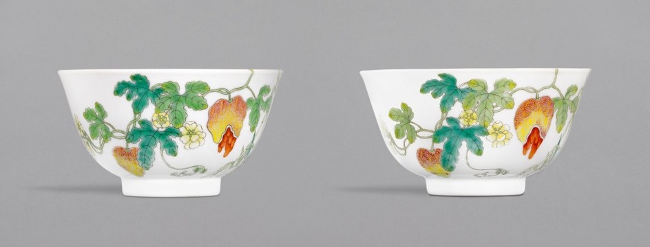 A PAIR OF FAMILLE-ROSE 'BALSAM PEAR' BOWLS, DAOGUANG SEAL MARKS AND PERIOD | 清道光 粉彩過枝瓜瓞綿綿紋盌一對 《大清道光年製》款