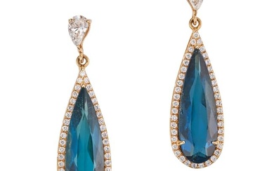 A PAIR OF INDICOLITE TOURMALINE AND DIAMOND DROP EARRINGS each comprising an inverted pear cut di...