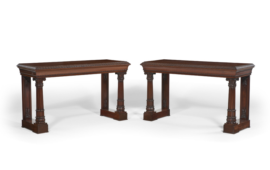 A PAIR OF IRISH GEORGE IV MAHOGANY CONSOLE TABLES BY WILLIAMS AND GIBTON, CIRCA 1830