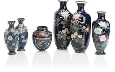A PAIR OF JAPANESE CLOISONNE HIGH SHOULDERED VASES