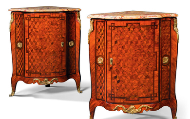 A PAIR OF LATE LOUIS XV ORMOLU-MOUNTED TULIPWOOD, AMARANTH AND SYCAMORE PARQUETRY ENCOIGNURES