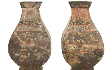 A PAIR OF PAINTED CERAMIC SQUARE VASES, FANGHU China