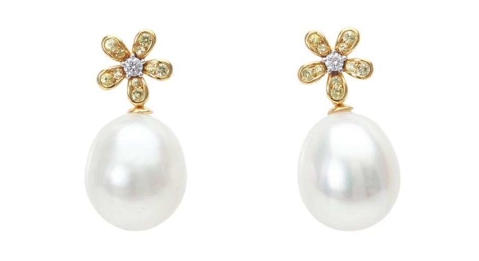 A PAIR OF SOUTH SEA PEARL, SAPPHIRE AND DIAMOND EARRINGS