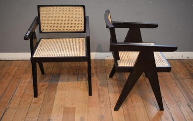 A PAIR OF TEAK AND RATTAN ACCENT CHAIRS (79H X 56W x 56D CM) (LEONARD JOEL DELIVERY SIZE: LARGE)