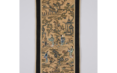 A Pair of Chinese Embroidered Silk Sleeve Bands Mounted as a Panel, Circa 1900