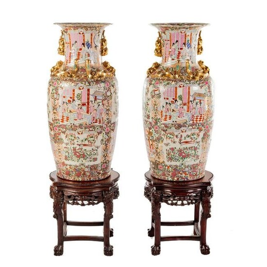 A Pair of Chinese Export Rose Medallion Palace Vases
