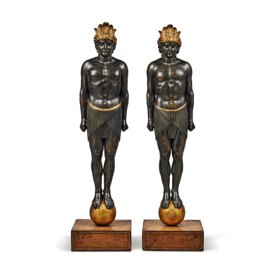 A Pair of Empire Parcel-Gilt and Painted Wood Figures of Antinous as the God Osiris with Feather Headdress, Early 19th Century