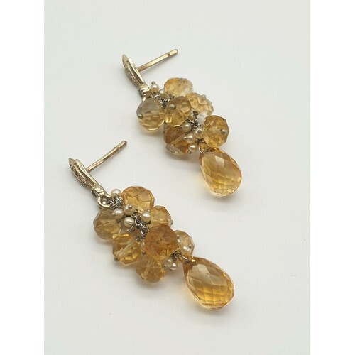 A Pair of Gold Drop Earrings with Diamonds. Amber, Citrine a...