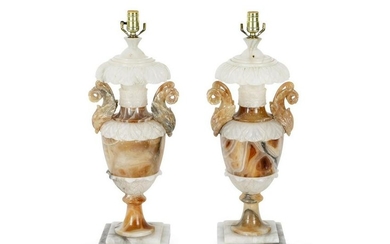 A Pair of Italian Carved Alabaster Table Lamps Height