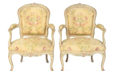 A Pair of Louis XV Yellow-Painted Fauteuils en