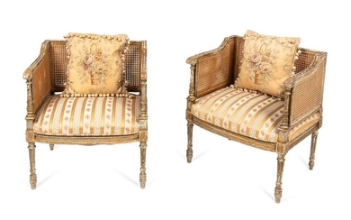 A Pair of Louis XVI Style Caned Giltwood Bergeres