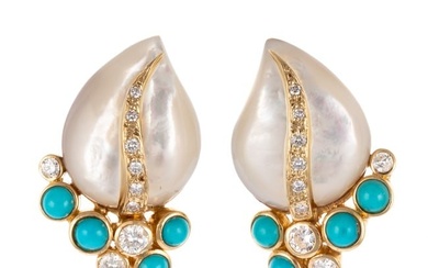 A Pair of MOP, Diamond & Turquoise Earrings in 14K