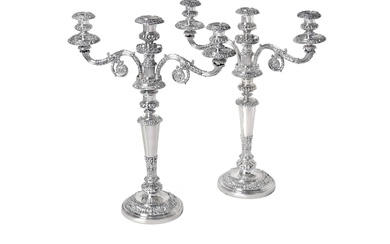 A Pair of Old Sheffield Plate Three-Light Candleabra Apparently Unmarked, Circa 1820