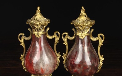 A Pair of Small 19th Century Sang de Boeuf glazed Cassolettes with gilt bronze mounts. The baluster