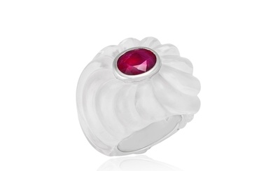 A ROCK CRYSTAL AND RUBY RING, BY GABRI Set with a carved r...