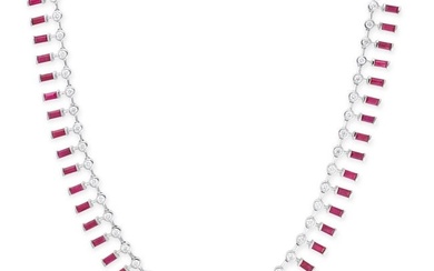 A RUBY AND DIAMOND FRINGE NECKLACE comprising a row of round brilliant cut diamonds suspending a