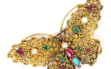 A Regency gold, gemstone and pearl butterfly brooch, c.1820