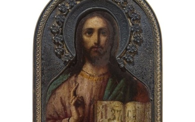 A Russian icon showing Christ Pantokrator with silver-gilt riza, late 19th century (icon), St.