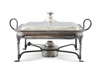 A SILVER-PLATED CHAFING DISH the cover fitted with urn shap...