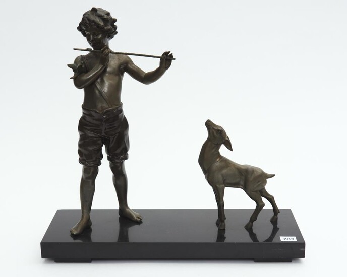 A SPELTER AND MARBLE FIGURE OF BOY PLAYING FLUTE WITH DEER LOOKING ON, 42 CM WIDE, 40 CM HIGH, LEONARD JOEL LOCAL DELIVERY SIZE: SMALL