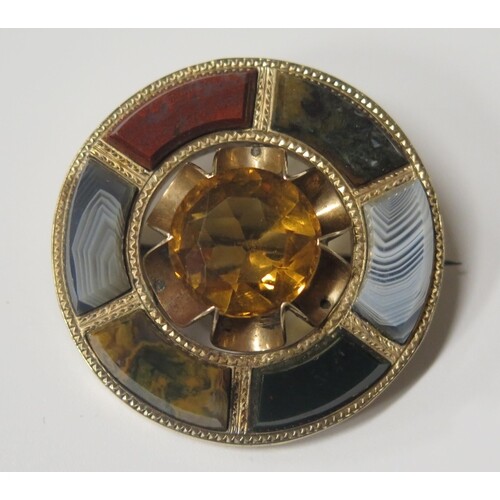 A Scottish Unmarked Gold, Citrine and Specimen Agate Brooch,...