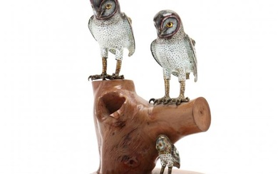 A Sculpture of Three Enameled Silver Owls