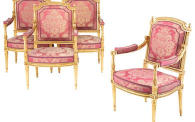 A Set of Four French Louis XVI-Style Carved Gilt Wood Upholstered Armchairs