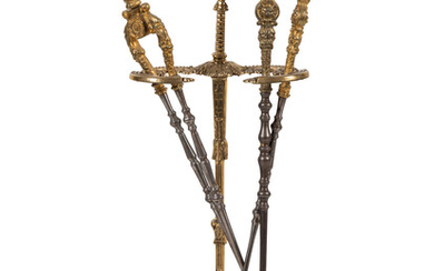 A Set of French Gilt Metal and Iron Fire Tools and Stand