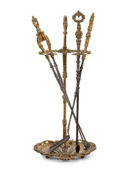 A Set of French Gilt Metal and Iron Fire Tools and Stand